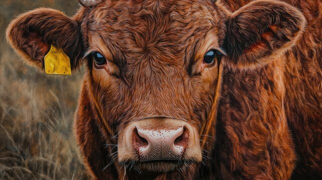 Close up of Red Angus cow with distinct yellow ear tag showcasing detailed fur and expressive eyes on a blurred background of grassland