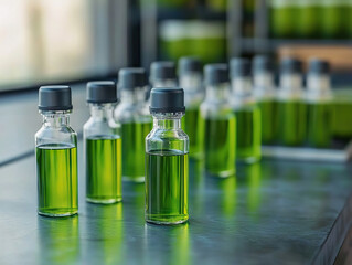 Green algae biofuel samples in glass vials on laboratory table for renewable energy research