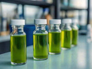Green algae biofuel samples in glass vials on laboratory table for renewable energy research