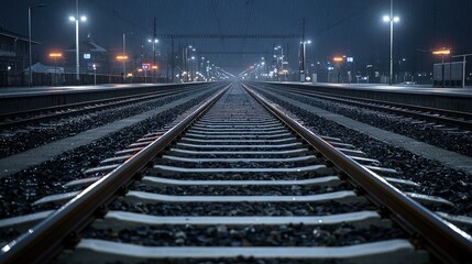 Empty train tracks at night, vanishing point perspective.