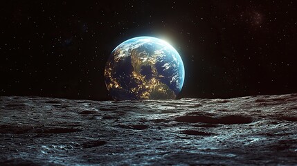 The Earth is seen from the moon's surface, showcasing the vastness of space and the beauty of our planet.