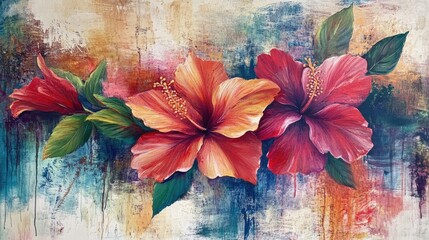Vibrant hibiscus flowers in stunning artistic composition with rich colors and textured background showcasing natural beauty.