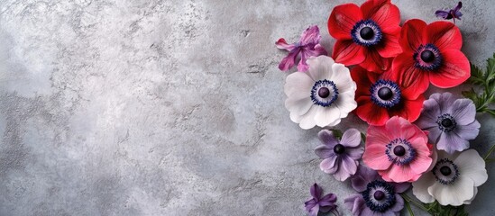 Vibrant Anemone flowers arranged against a textured gray stone background with ample copy space for creative use and design purposes