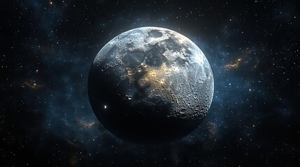 Obraz premium The moon orbits in space against a dark universe background, representing adventure, exploration, and the wonders of astronomy and the cosmos.