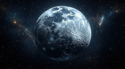 Fototapeta premium The moon orbits in space against a dark universe background, representing adventure, exploration, and the wonders of astronomy and the cosmos.