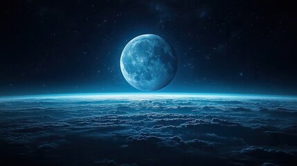 Fototapeta premium The moon rises in a blue stratosphere, a celestial wallpaper with clouds and horizon, showcasing the beauty of Earth's atmosphere and the lunar satellite.
