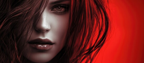 Obraz premium Intense portrait of a mysterious woman with flowing hair against a vibrant red background creating an alluring and dramatic atmosphere.