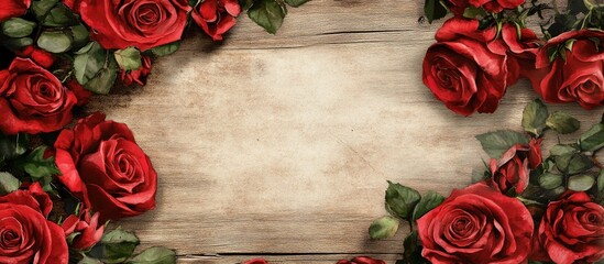 Romantic note paper design with vibrant red roses arranged on a rustic wooden background ideal for invitations and heartfelt messages