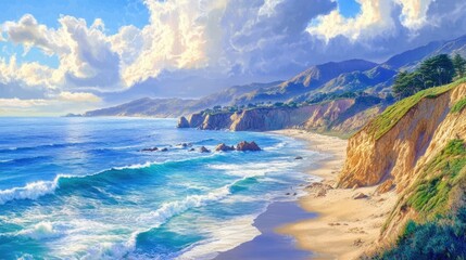 Obraz premium Serene coastal cliffs and sandy beaches under a vibrant sky capturing the beauty of nature's shoreline and tranquil ocean waves.