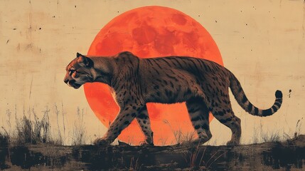 Puma silhouette artwork under full moon with beige background showcasing wildlife and nature themes in a vertical collage format.