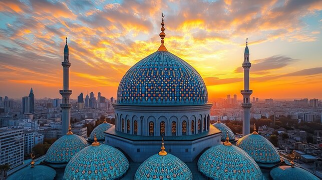 The roof of a mosque against a sunset sky symbolizes faith, tradition, and the spiritual significance of Islamic architecture.