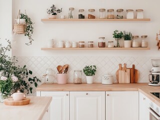 Fototapeta premium Stylish Minimalist Kitchen Shelving With Plants And Jars