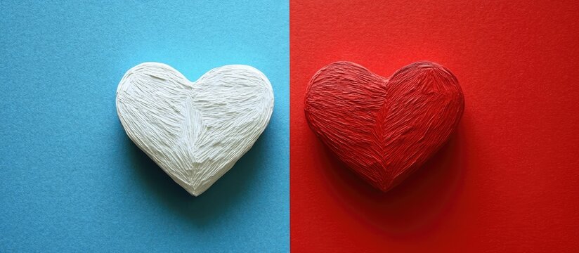 Cardboard hearts in red and white on contrasting blue and red backgrounds for love or Valentine themed concepts