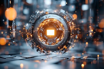 Innovative futuristic design featuring a glowing circular technology concept with abstract elements in a digital environment