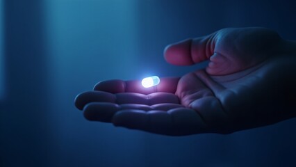 Close-up of a trembling hand holding a glowing pill with intricate shadows. A surreal depiction of the duality between medicine and addiction, set in a soft, dreamy backdrop