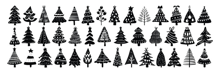 Set of isolated Christmas trees in cute doodle hand-drawn style on a transparent background. Volume 3: Black silhouette style.