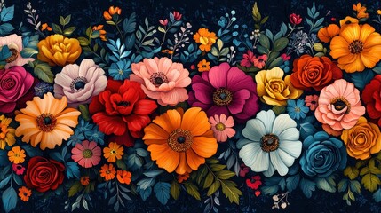 Fototapeta premium Vibrant Floral Pattern Featuring Various Bright and Colorful Flowers