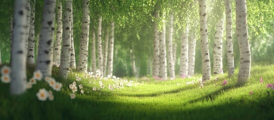 Fototapeta premium Serene landscape of a birch tree forest with lush greenery and blooming flowers creating a tranquil natural setting.