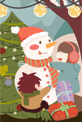 Fototapeta premium Two joyful kids building a large snowman in the snowy outdoors