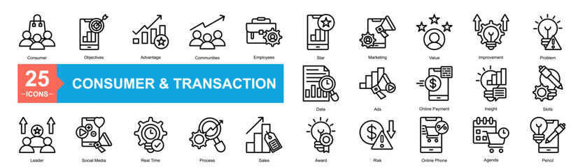 Consumer And Transaction Relationship Icon Sheet Consumer, Leader, Data, Skills, Objectives, Advantage, Communities, Employees, Star, Marketing, Value, Improvement, Problem, Social Media, Real Time, P