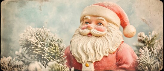 Obraz premium Close up of a vintage plastic Santa Claus decoration surrounded by frosted greenery with a nostalgic retro filter applied