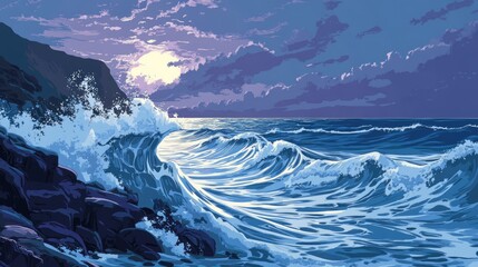 Fototapeta premium Serene ocean waves crashing against a rugged rocky shore under a twilight sky creating a calming natural backdrop for relaxation