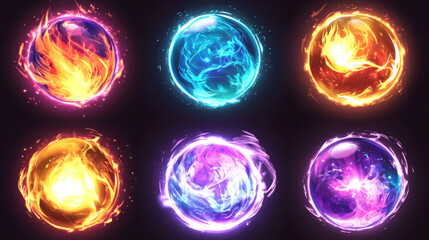 Magic energy ball and blue fire power orb game icon with light glow effect. Fireball sphere round vector portal swirl element. 3d cristal flame burst flare with steam set. Abstract radial asset kit