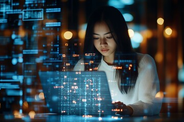 Young woman working diligently on laptop surrounded by digital data at night