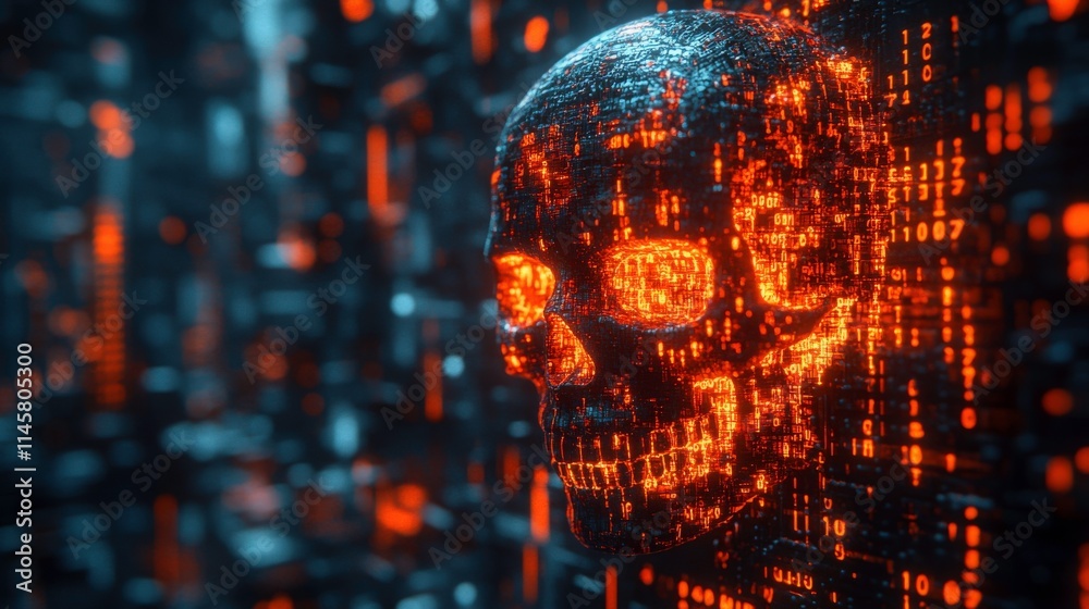 Poster futuristic 3d render of a digital skull surrounded by glowing binary code and data streams in a dark