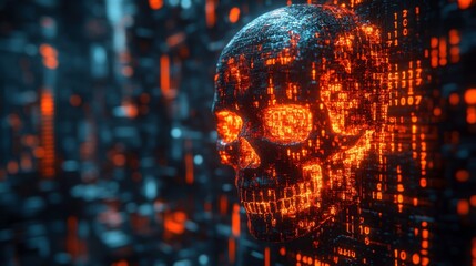 Futuristic 3D Render of a Digital Skull Surrounded by Glowing Binary Code and Data Streams in a Dark, High-Tech Environment