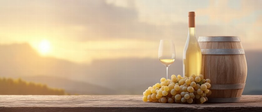 Elegant White Wine Bottle and Glass with Fresh Grapes on Rustic Wooden Table