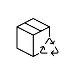 Recycled product packaging icon. Simple outline style. Recycle triangle, cardboard box, seal, cycle, packaging, environmental concept. Thin line symbol. Vector illustration isolated.