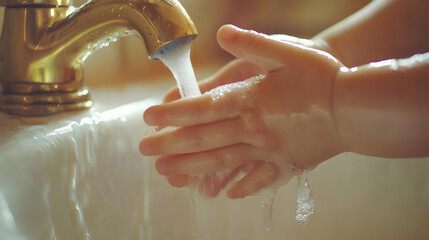 Washing hands with water from the faucet tap, basic hand hygiene 