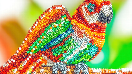 Obraz premium vibrant handmade beadwork representation of colorful parrot, showcasing intricate details and bright colors. This artwork captures beauty of nature through craftsmanship