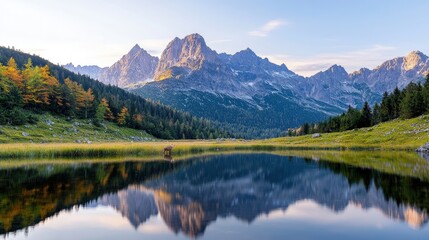 Mountain lake reflecting autumnal peaks at sunrise.