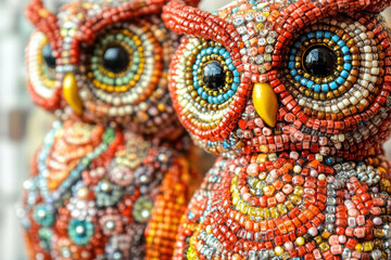 Intricate handmade beadwork of colorful owls, showcasing vibrant patterns and textures. These decorative pieces add charm and artistry to any space