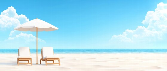 Obraz premium Serene Beach Scene with Sun Loungers and Umbrella under Bright Blue Sky