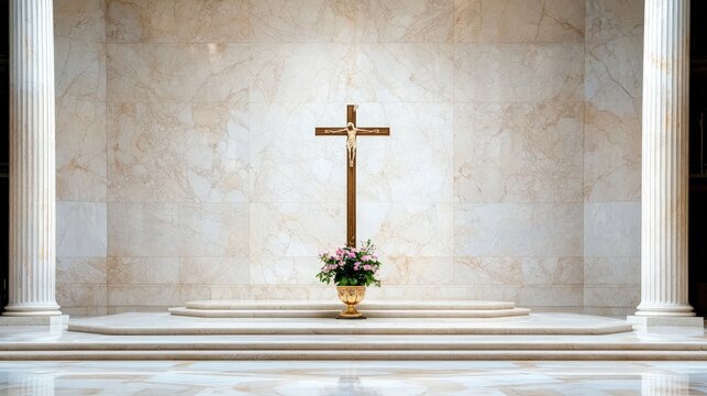 Wooden cross with flowers in a chapel.