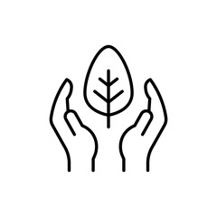 Conservation icon. Simple outline style. Hand leaf care, plant, nature, green, growth, natural, organic, eco life, environment concept. Thin line symbol. Vector illustration isolated.