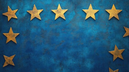 Golden stars on a textured blue background symbolizing unity and European identity in an artistic representation.