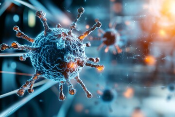 Virus particles navigating through a digital environment showcasing microscopic structures and intricate details