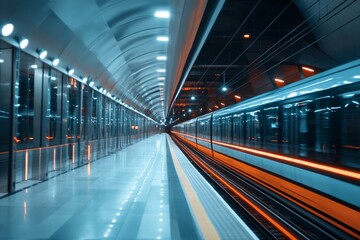 Urban subway station at night with illuminated tracks and modern architecture creating a vibrant atmosphere