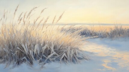 Fototapeta premium Winter wheat landscape illuminated by soft evening light in a serene snowy setting with gentle grass and a tranquil horizon.