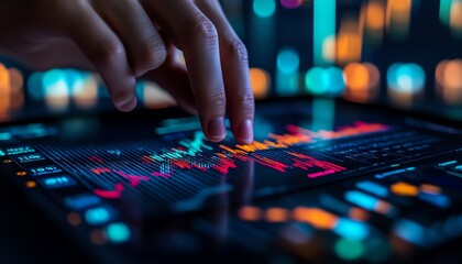 Naklejka premium Closeup of a hand swiping on a tablet showing digital financial charts, realtime data analytics, illustrating modern business technology and investment trends
