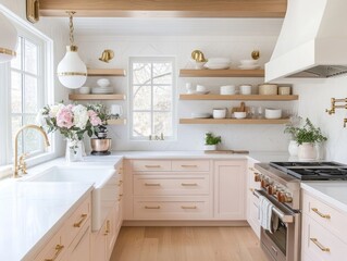 Elegant Pink Kitchen with Gold Accents and White Shelving