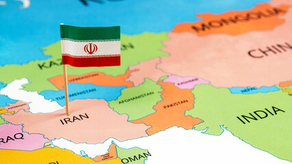 A map of Iran with the national flag of Iran on it. The flag is green, white, and red tricolor....