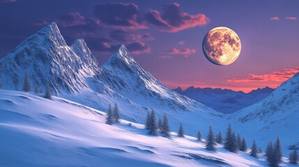 Majestic moonrise casting a serene glow over snow-covered mountain peaks at twilight
