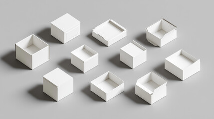 Obraz premium White cardboard box mockup set isolated on gray background. Vector realistic illustration of open and closed carton packages, mail delivery, gift packaging, parcel with blank surface, isometric view