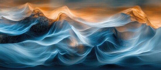 Abstract ocean waves with blurred motion highlighting intricate rock formations in a vibrant landscape at sunset.