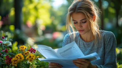 Woman organizing paperwork outdoors, managing registration and important documents.